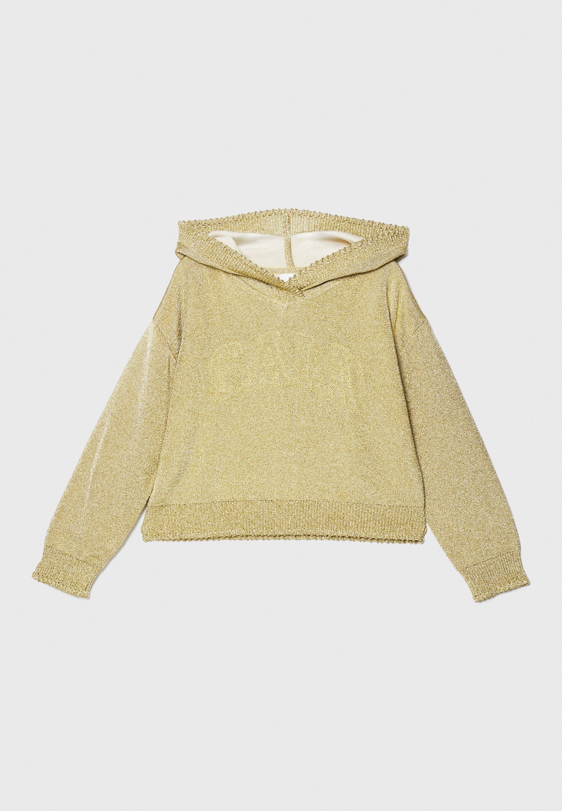 Goldener, funkelnder Hoodie mit weitem Ausschnitt, langen Ärmeln und gerippten Bündchen. Verfügt über eine strukturierte Oberfläche und ein verkürztes Design.