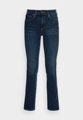 Dunkelblaue Denim-Jeans mit taillierter Passform, hoher Taille, geraden Beinen und Kupferdetails. Glatte Textur mit minimaler Ausbleichung.