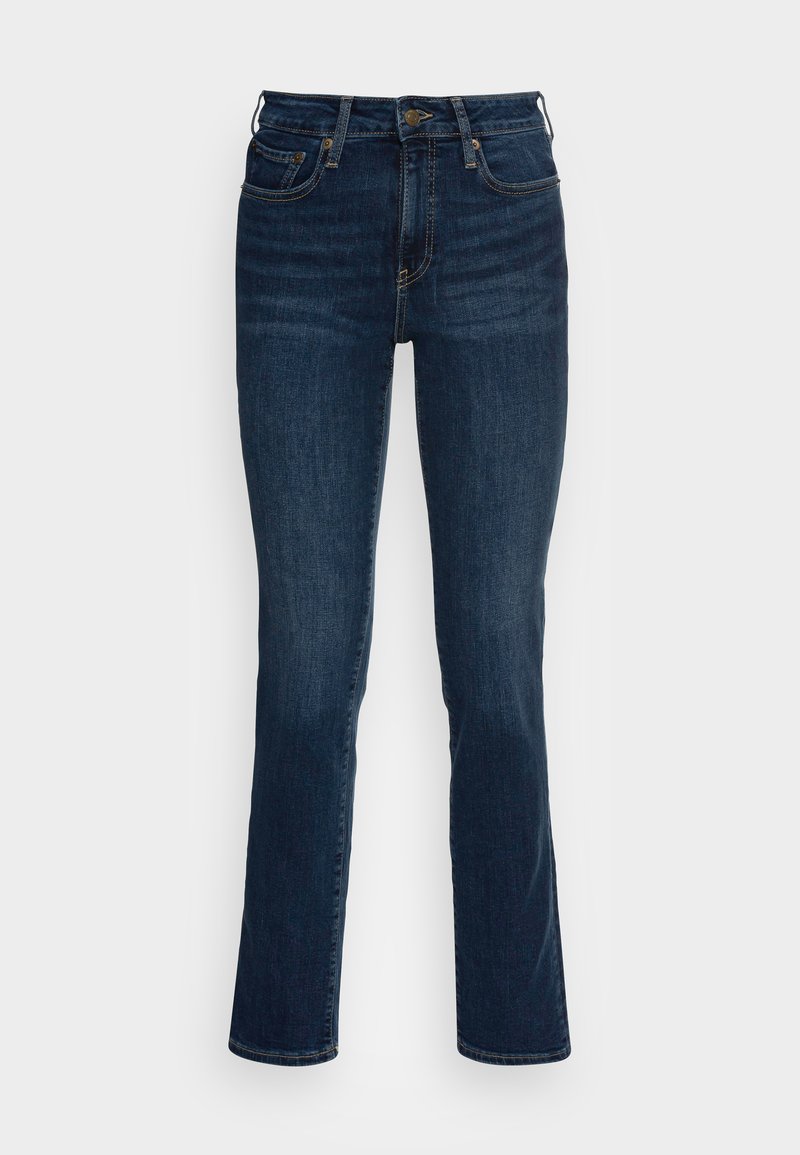 Dunkelblaue Denim-Jeans mit taillierter Passform, hoher Taille, geraden Beinen und Kupferdetails. Glatte Textur mit minimaler Ausbleichung.