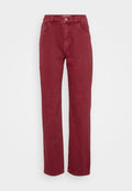 Rote Denim-Hose mit hoher Taille, geradem Bein, zwei Vorderaschen, einer Knopfverschluss und einem glatten, strukturierten Stofffinish.