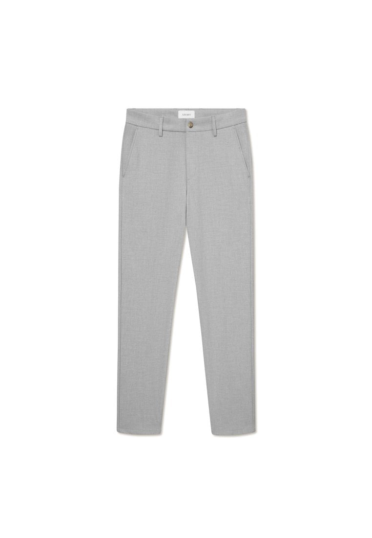 Graue maßgeschneiderte Hose mit einem dezenten Muster, ausgestattet mit Seitentaschen, einem vorderen Knopfverschluss und einem schlanken Schnitt.