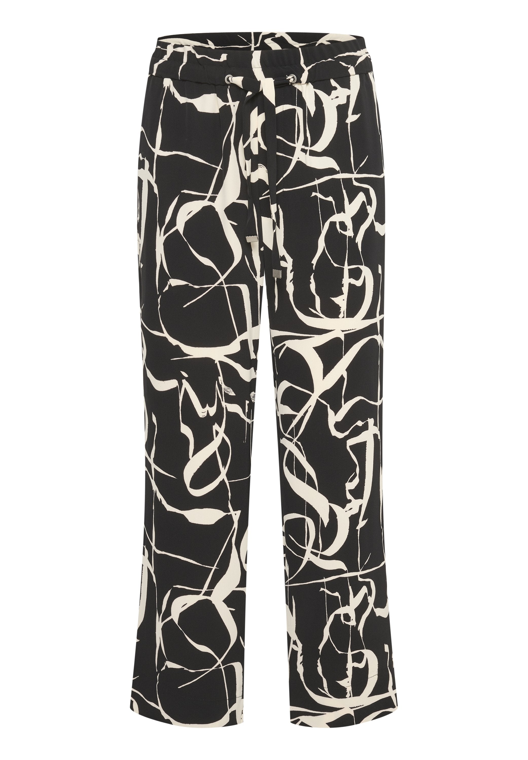 Schwarz-weiße gemusterte Hose mit lockerer Passform, ausgestattet mit einem elastischen Bund, Kordelzug-Detail und abstraktem Linienmuster.