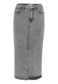 Denim Bleistiftrock in verblasstem Schwarz und Grau, mit hohem Bund, vorderem Knopfverschluss und Seitentaschen. Glatte Textur mit genähten Nähten.