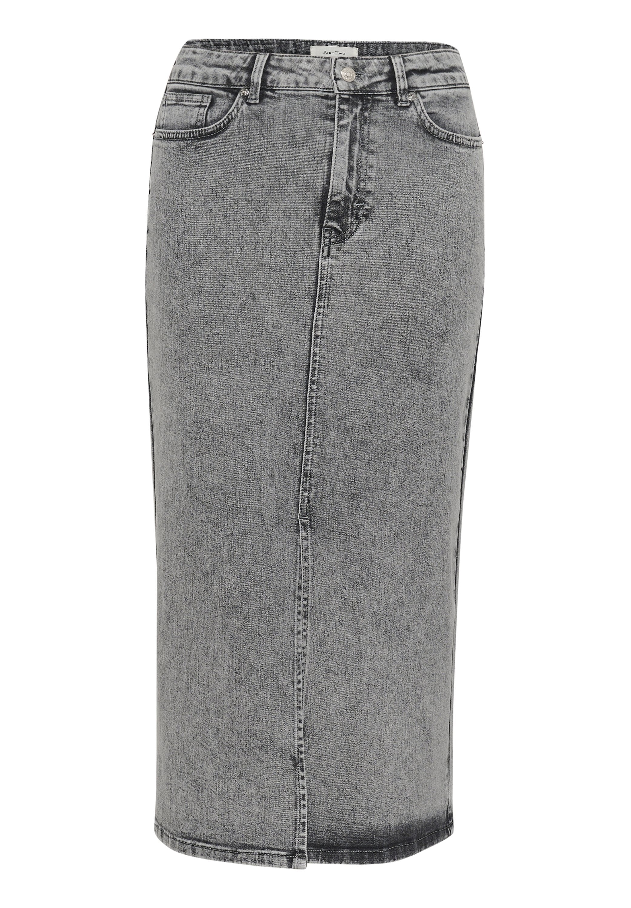 Denim Bleistiftrock in verblasstem Schwarz und Grau, mit hohem Bund, vorderem Knopfverschluss und Seitentaschen. Glatte Textur mit genähten Nähten.