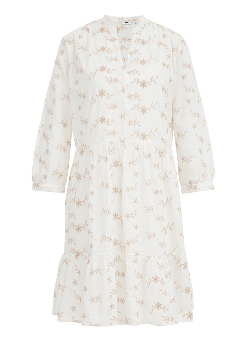 Weißes Kleid mit V-Ausschnitt, bestickt mit beigen Blumenmustern. Verfügt über lange Ärmel, geraffte Taille und mehrstufigen Saum.