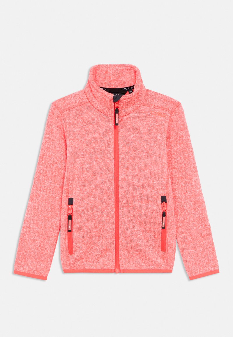 Fleecejacke in fluoreszierendem Pink mit hohem Kragen, Frontreißverschluss und zwei seitlichen Reißverschlusstaschen. Strukturierter Stoff mit Strickmuster.