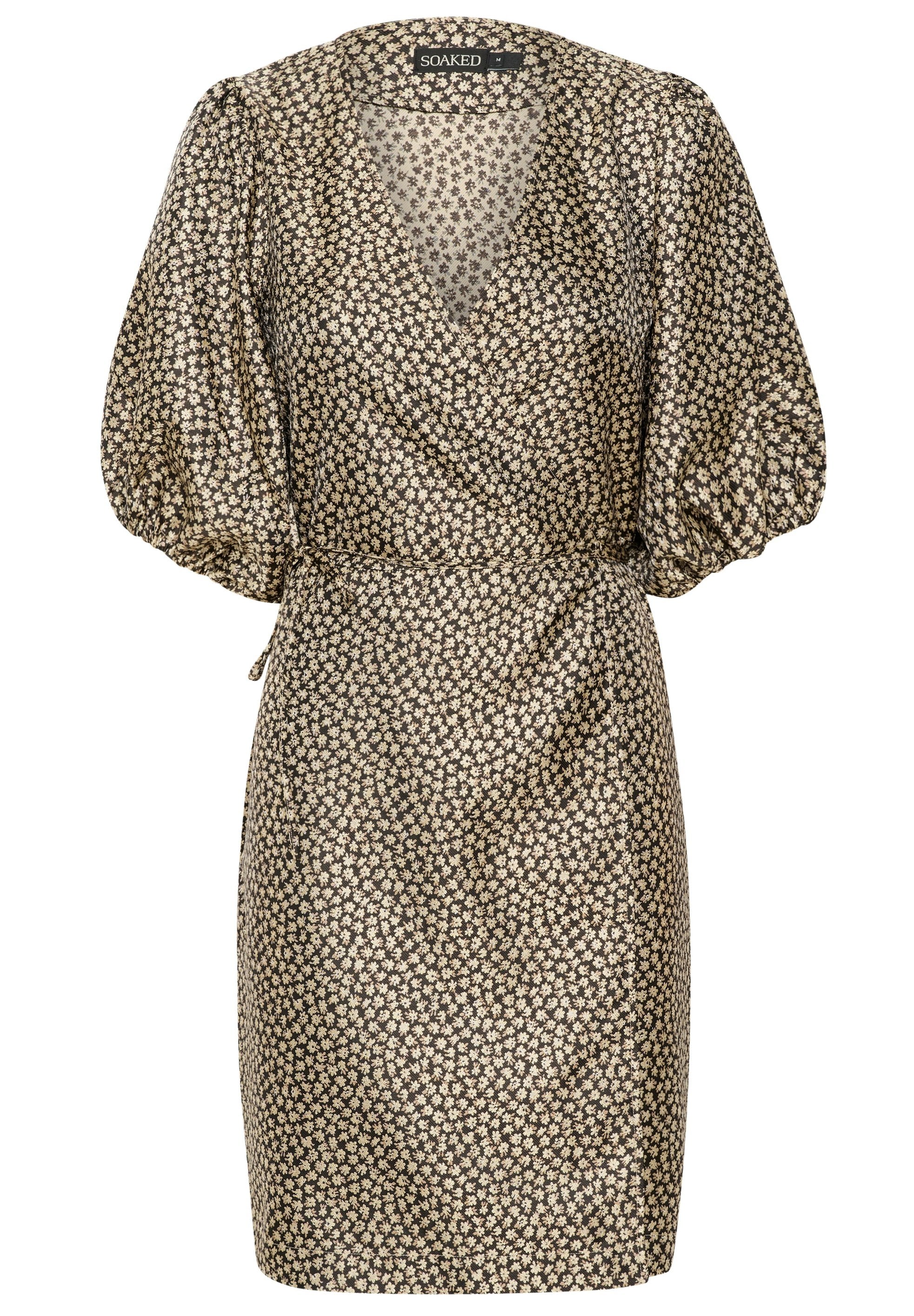 Braun und goldene florale Wickelkleid mit Puffärmeln, tiefem V-Ausschnitt und tailliertem Schnitt. Glattes Material mit dezentem Muster.