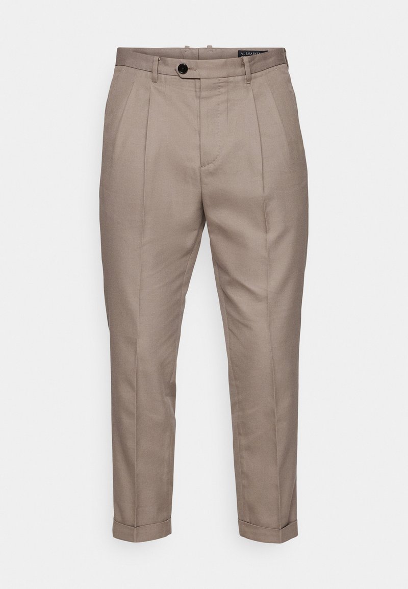 Beige, maßgeschneiderte Hosen mit flacher Vorderseite, Falten und umgeschlagenem Saum. Hergestellt aus einem glatten Stoff mit einem Knopfverschluss an der Taille.