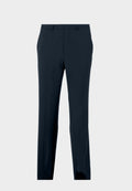 Marineblaue formelle Hose mit Gürtelschlaufen, Fronttaschen und geradem Bein, auf einem schlichten Hintergrund präsentiert.