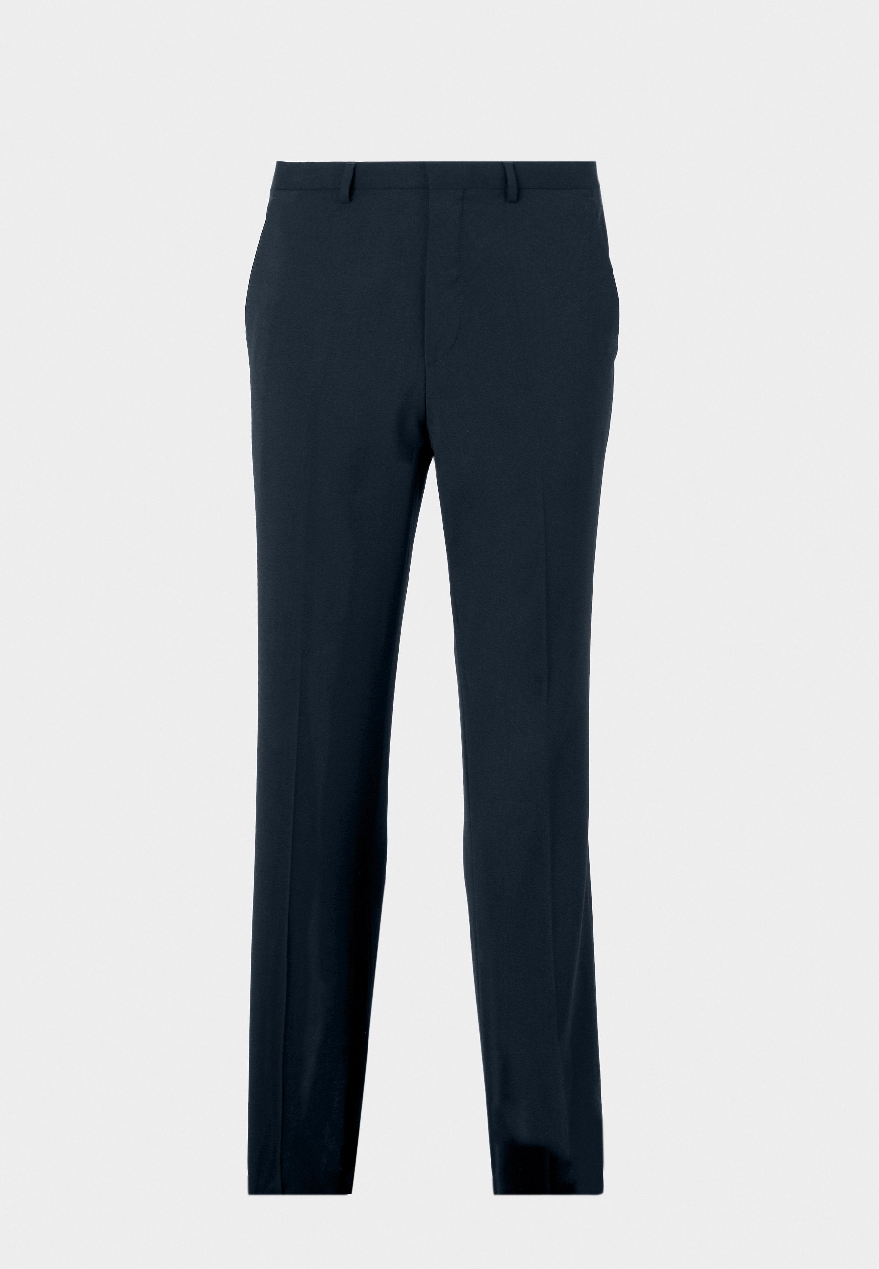 Marineblaue formelle Hose mit Gürtelschlaufen, Fronttaschen und geradem Bein, auf einem schlichten Hintergrund präsentiert.
