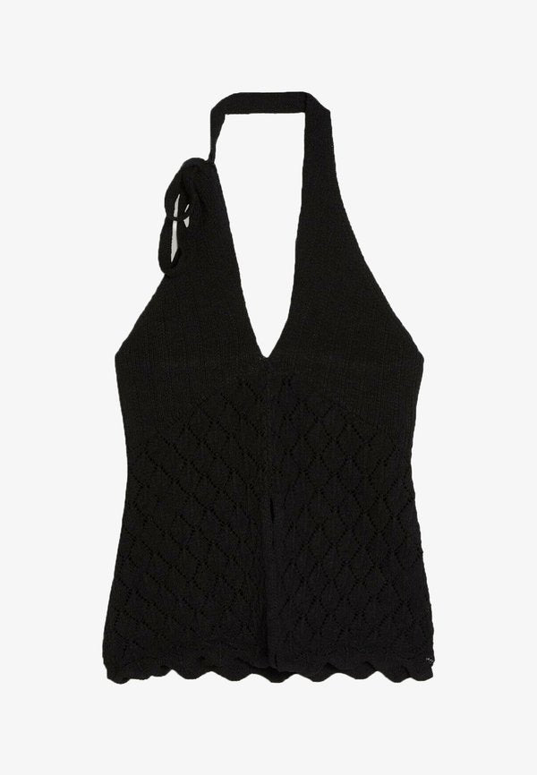 Bershka OPEN KNIT HALTER TOP - Top - black