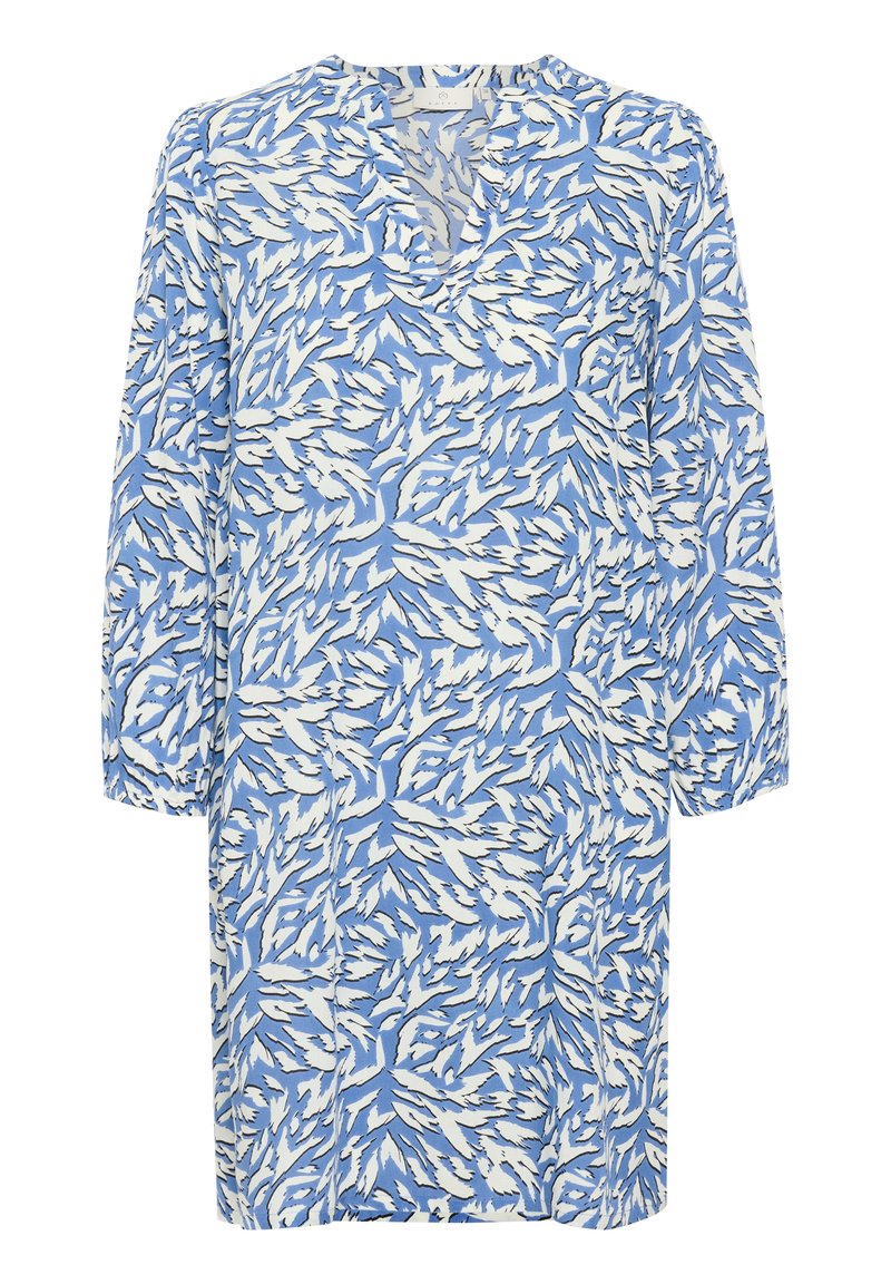 Blau-weißes Kleid mit V-Ausschnitt und dreiviertel Ärmeln, das ein blattmusteredes Design auf leichtem Stoff zeigt.