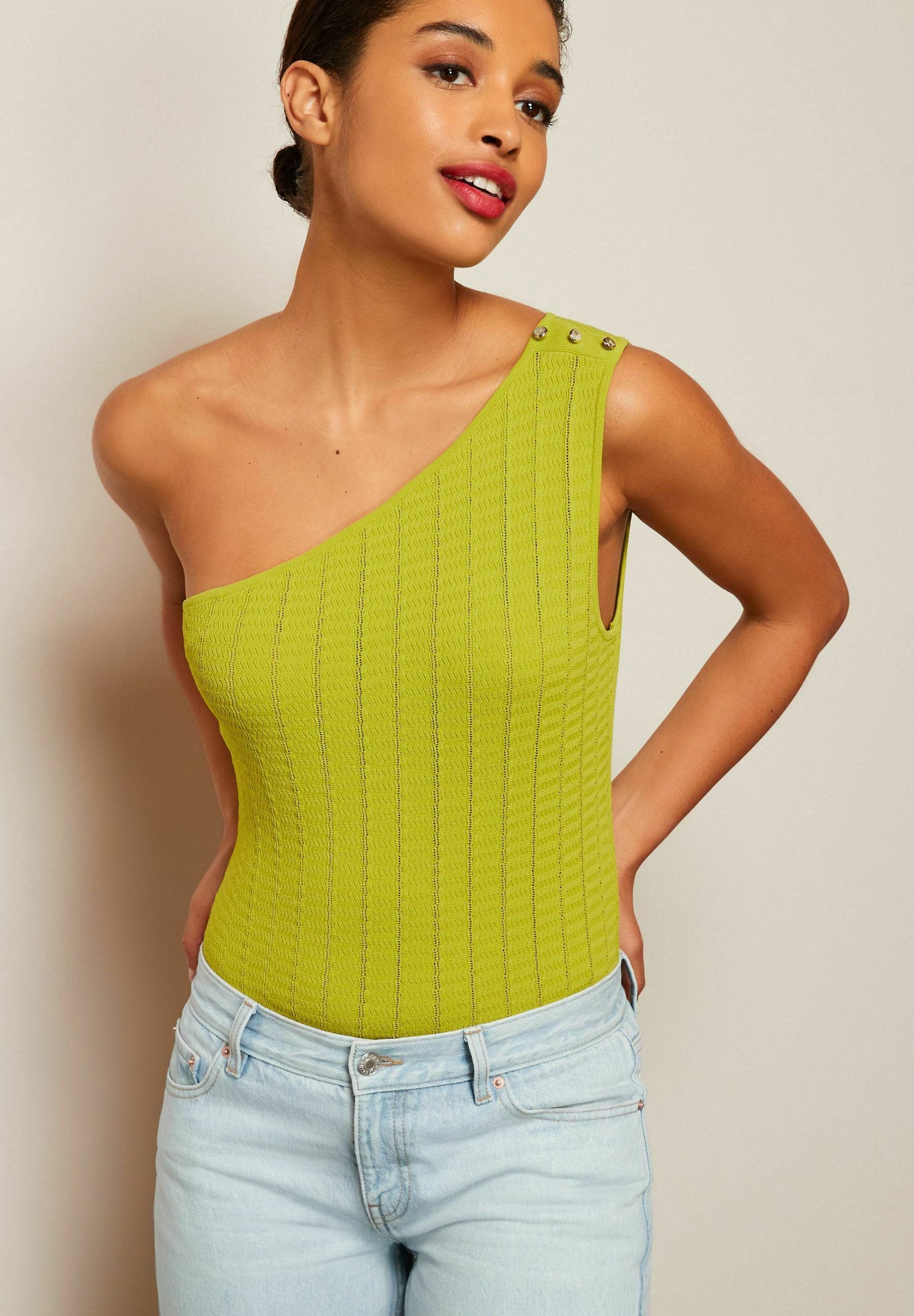Next BUTTON DETAIL ONE SHOULDER KNIT TOP