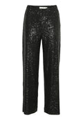 Schwarze Pailletten-Hose mit geradem Bein, ausgestattet mit einem glatten Bund und einer strukturierten Oberfläche, die mit reflektierenden Pailletten bedeckt ist.