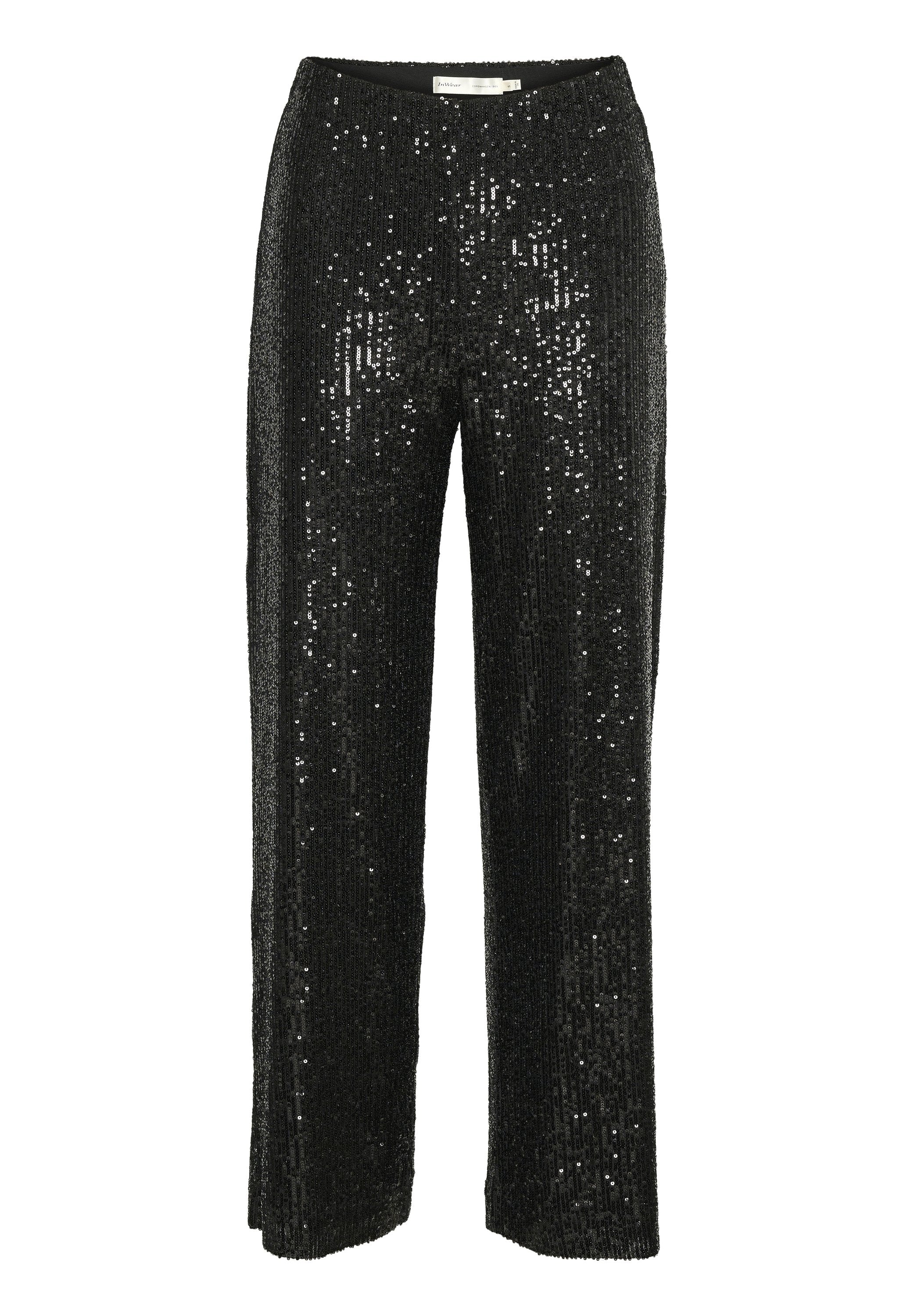 Schwarze Pailletten-Hose mit geradem Bein, ausgestattet mit einem glatten Bund und einer strukturierten Oberfläche, die mit reflektierenden Pailletten bedeckt ist.