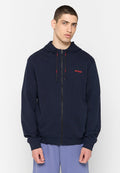 Marinefarbener Reißverschluss-Hoodie aus weichem Stoff, mit einer Kapuze mit Kordelzug und einem roten "HUGO"-Logo auf der Brust. Ribbed Bündchen und Saum.