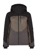 Skijacke in Schwarz und Dunkelbraun, mit durchgehendem Reißverschluss, verstellbarer Kapuze und texturiertem Brustpanel. Mit Handgelenktaschen und Reißverschlusstaschen.