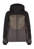 Skijacke in Schwarz und Dunkelbraun, mit durchgehendem Reißverschluss, verstellbarer Kapuze und texturiertem Brustpanel. Mit Handgelenktaschen und Reißverschlusstaschen.