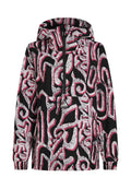 Schwarze Kapuzenjacke mit einem abstrakten Muster in Weiß und Pink, Reißverschluss vorne, elastischen Bündchen und einem Logo-Patch auf der Brust.