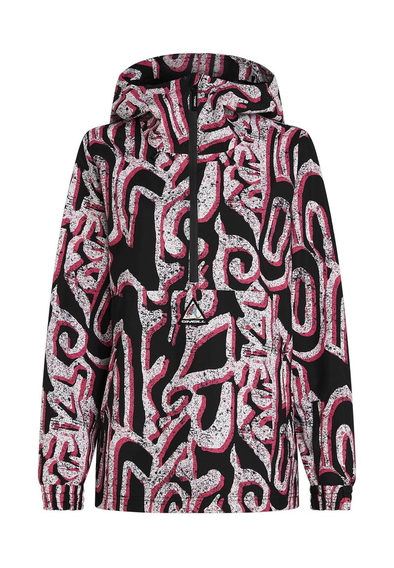 Schwarze Kapuzenjacke mit einem abstrakten Muster in Weiß und Pink, Reißverschluss vorne, elastischen Bündchen und einem Logo-Patch auf der Brust.