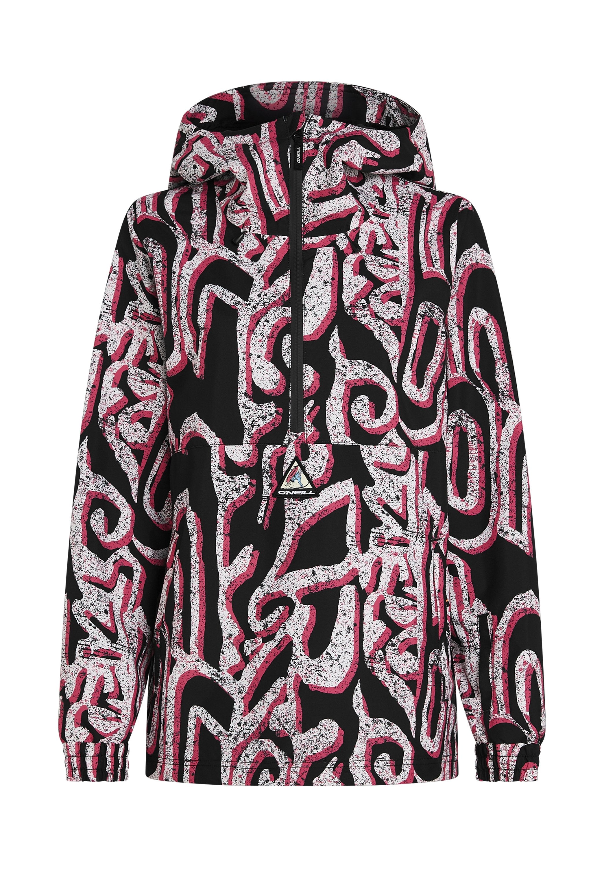 Schwarze Kapuzenjacke mit einem abstrakten Muster in Weiß und Pink, Reißverschluss vorne, elastischen Bündchen und einem Logo-Patch auf der Brust.