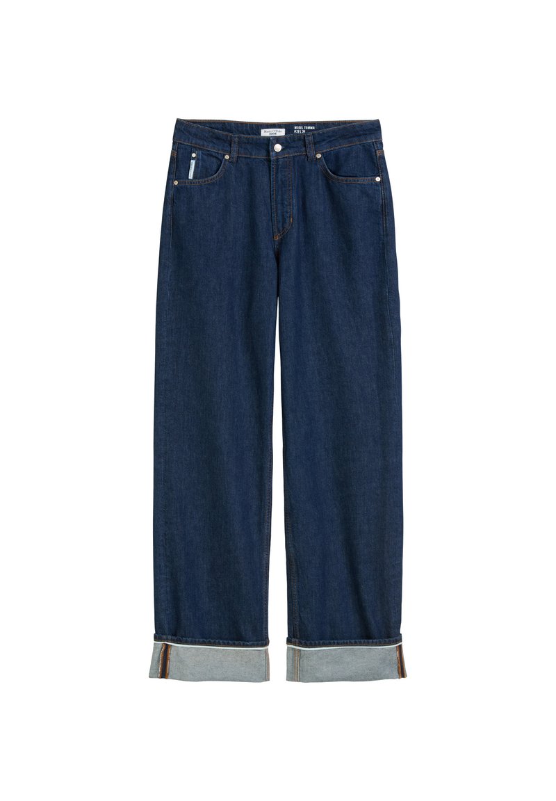 Dunkelblaue Jeans aus Denim mit geradem Bein, umgeschlagenen Säumen, sichtbarem Stich und klassischem Fünf-Taschen-Stil.