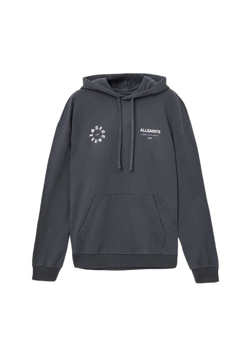 Dunkelgrauer Kapuzenpullover aus Baumwolle mit einer Kängurutasche. Mit einem runden Logo und dem Markennamen in Weiß auf der Vorderseite bedruckt.