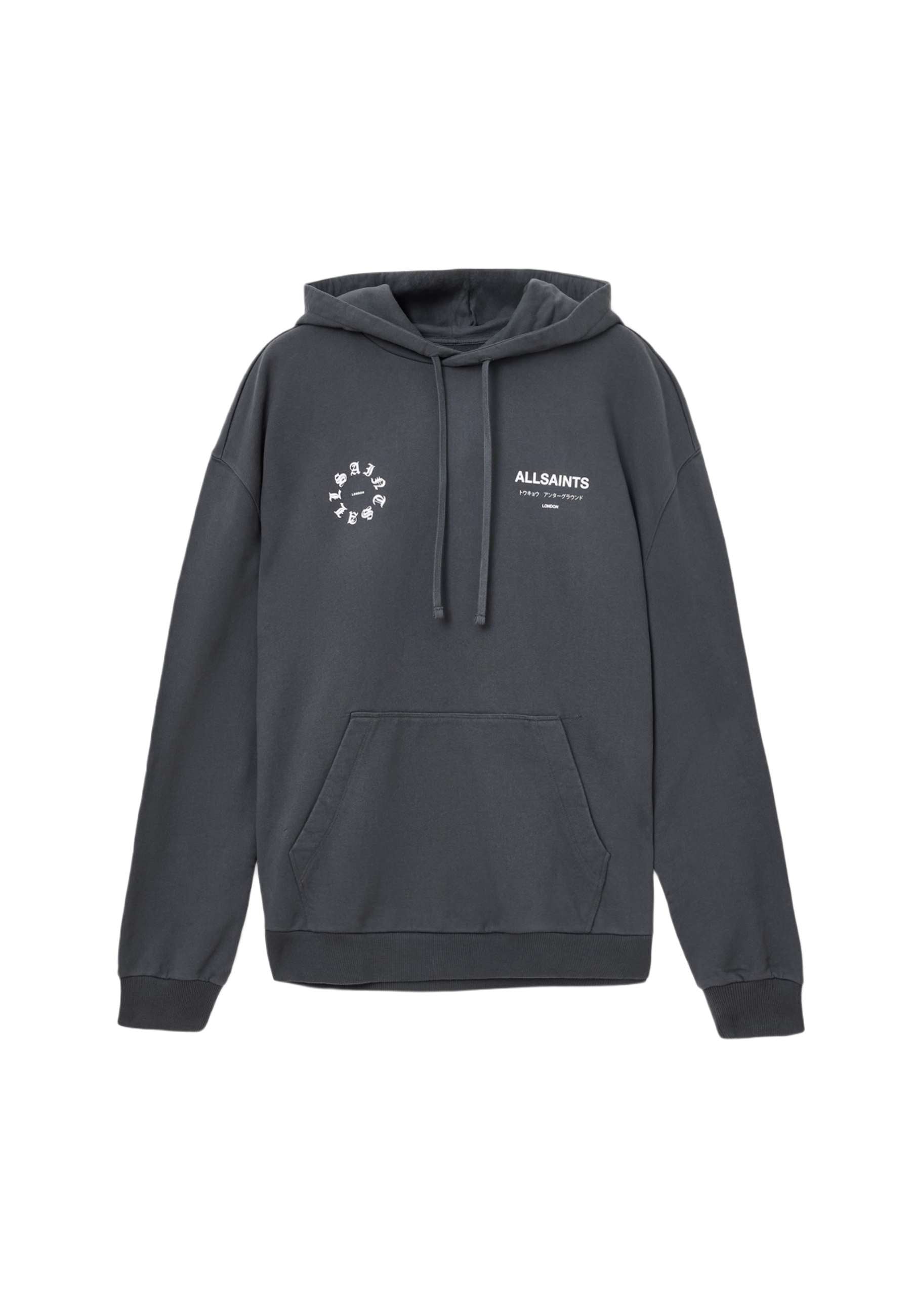 Dunkelgrauer Kapuzenpullover aus Baumwolle mit einer Kängurutasche. Mit einem runden Logo und dem Markennamen in Weiß auf der Vorderseite bedruckt.