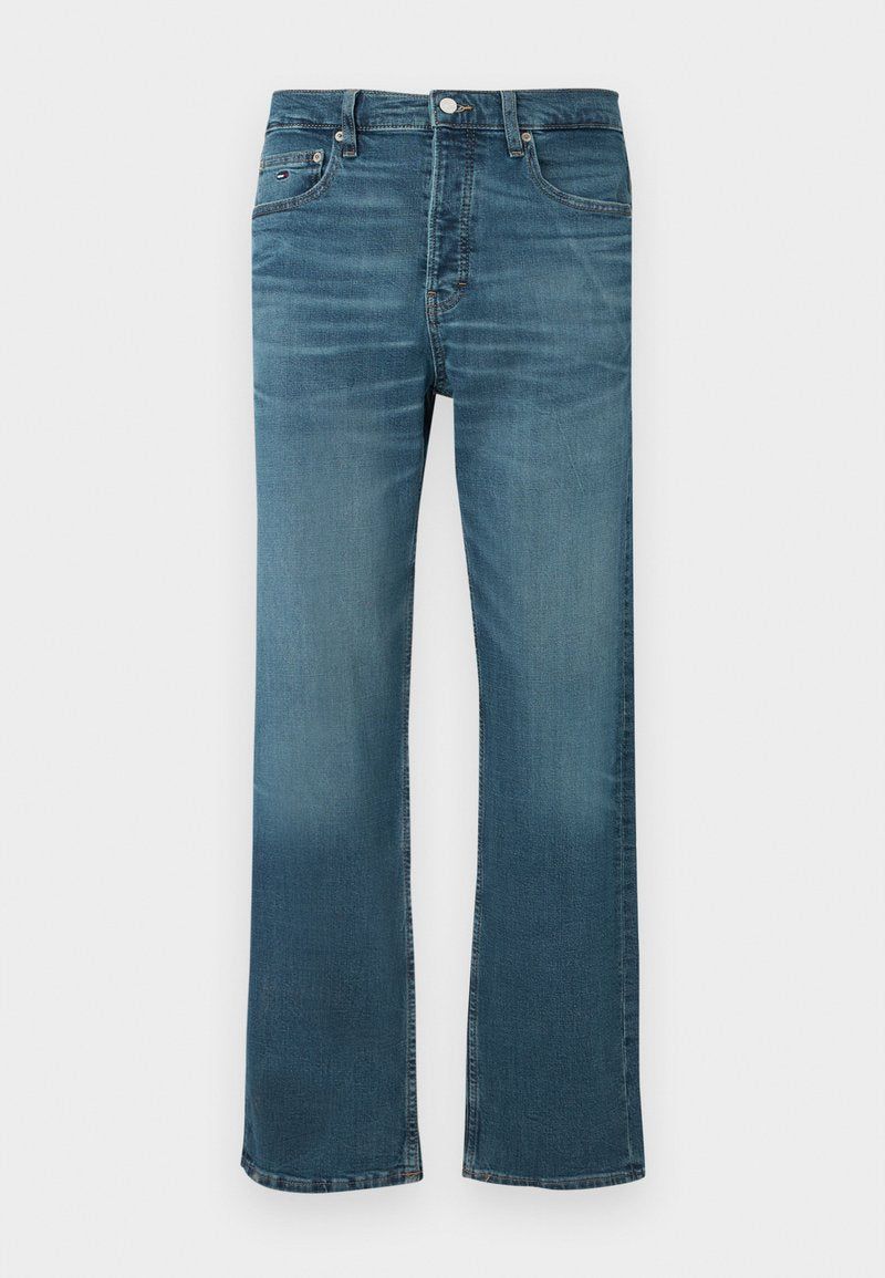 Blaue Jeans aus Denim mit geradem Schnitt, klassischem Fünf-Taschen-Design, kontrastierenden Nähten und einem Knopf- und Reißverschluss.