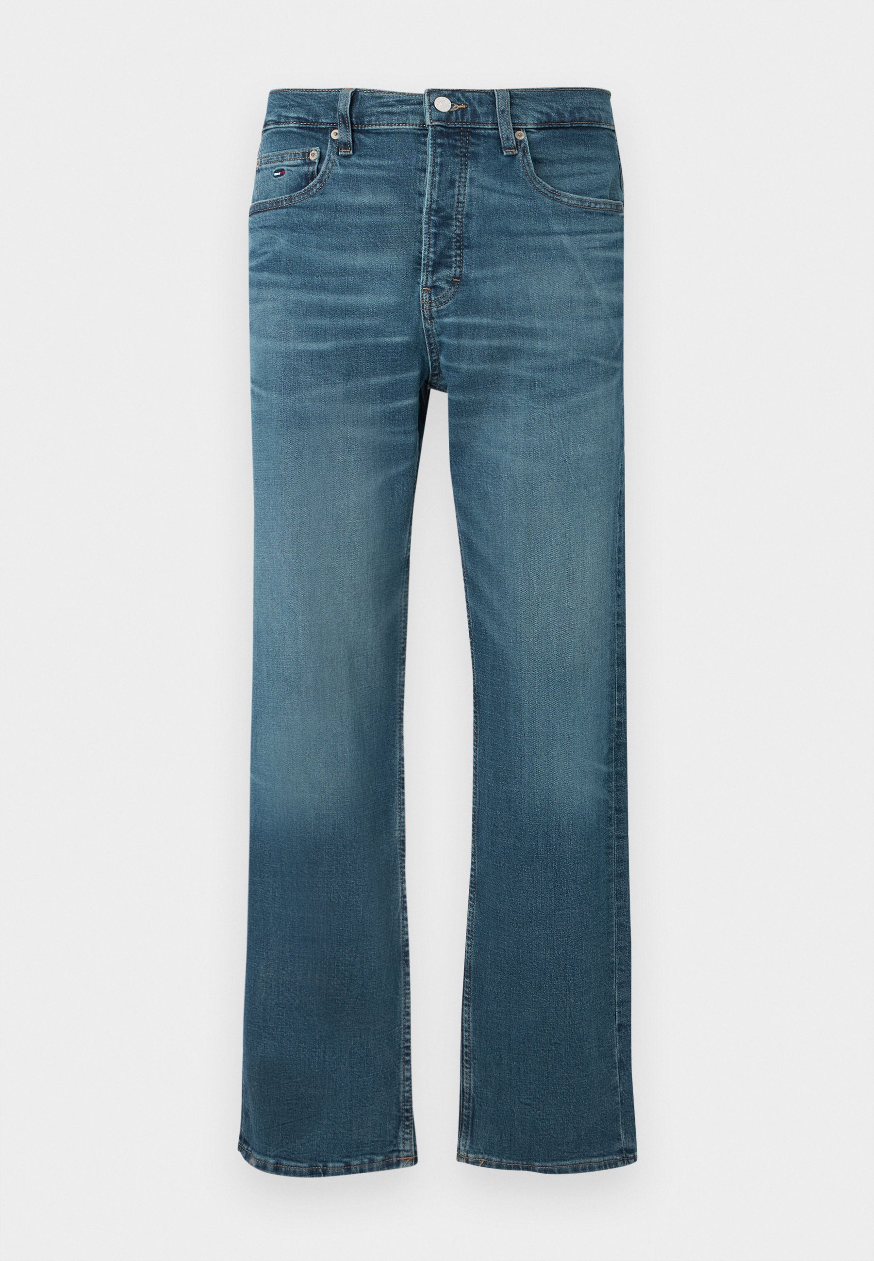 Blaue Jeans aus Denim mit geradem Schnitt, klassischem Fünf-Taschen-Design, kontrastierenden Nähten und einem Knopf- und Reißverschluss.