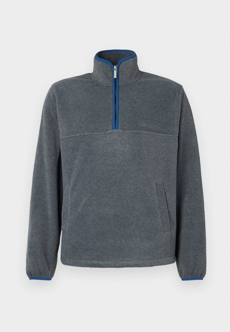 Grauer Fleece-Pullover mit einem halbseitigen Reißverschlusskragen, blauen Akzenten an Reißverschluss und Bündchen sowie einer Fronttasche. Weiche Textur, lockere Passform.
