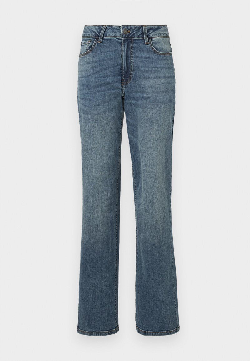 Blaue gerade geschnittene Denim-Jeans mit vorderem Knopf- und Reißverschluss, vorderen und hinteren Taschen sowie dezenten verblassten Details.