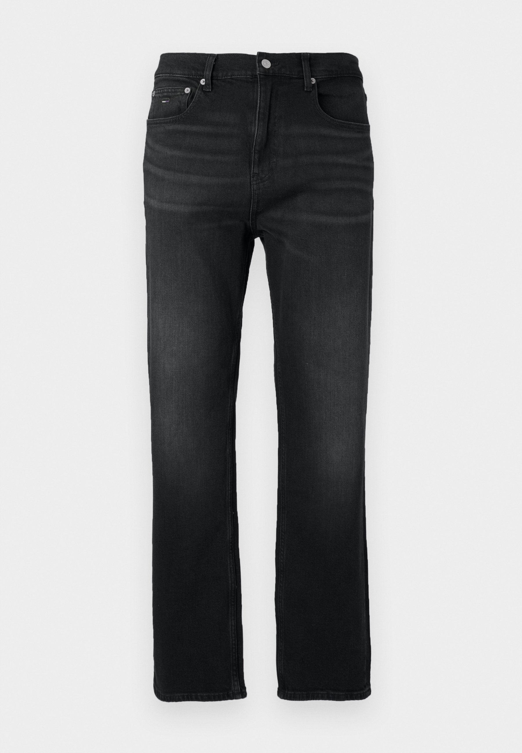 Schwarze Herren-Jeans im geraden Schnitt mit klassischem Fünf-Taschen-Design und Knopfverschluss, auf weißem Hintergrund angezeigt.