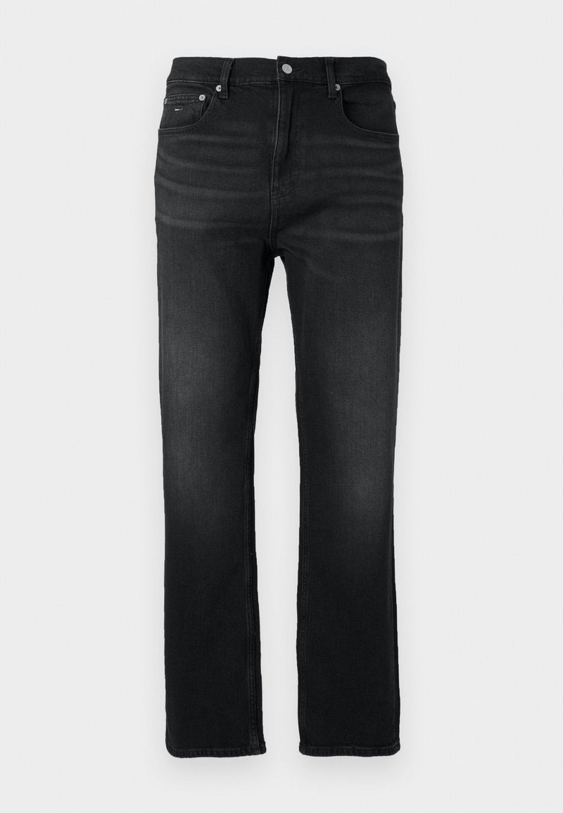 Schwarze Herren-Jeans im geraden Schnitt mit klassischem Fünf-Taschen-Design und Knopfverschluss, auf weißem Hintergrund angezeigt.