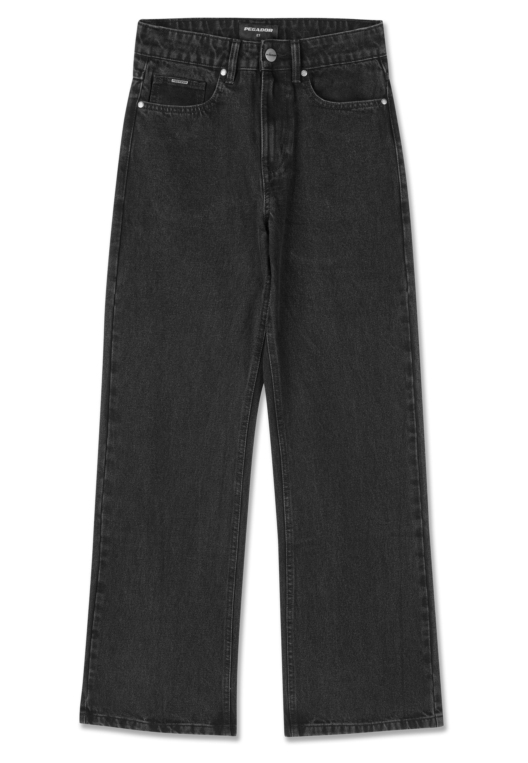 Schwarze weite Jeans aus Denim mit fünf Taschen, einem Reißverschluss mit Knopfverschluss und dezenten Logodetails.