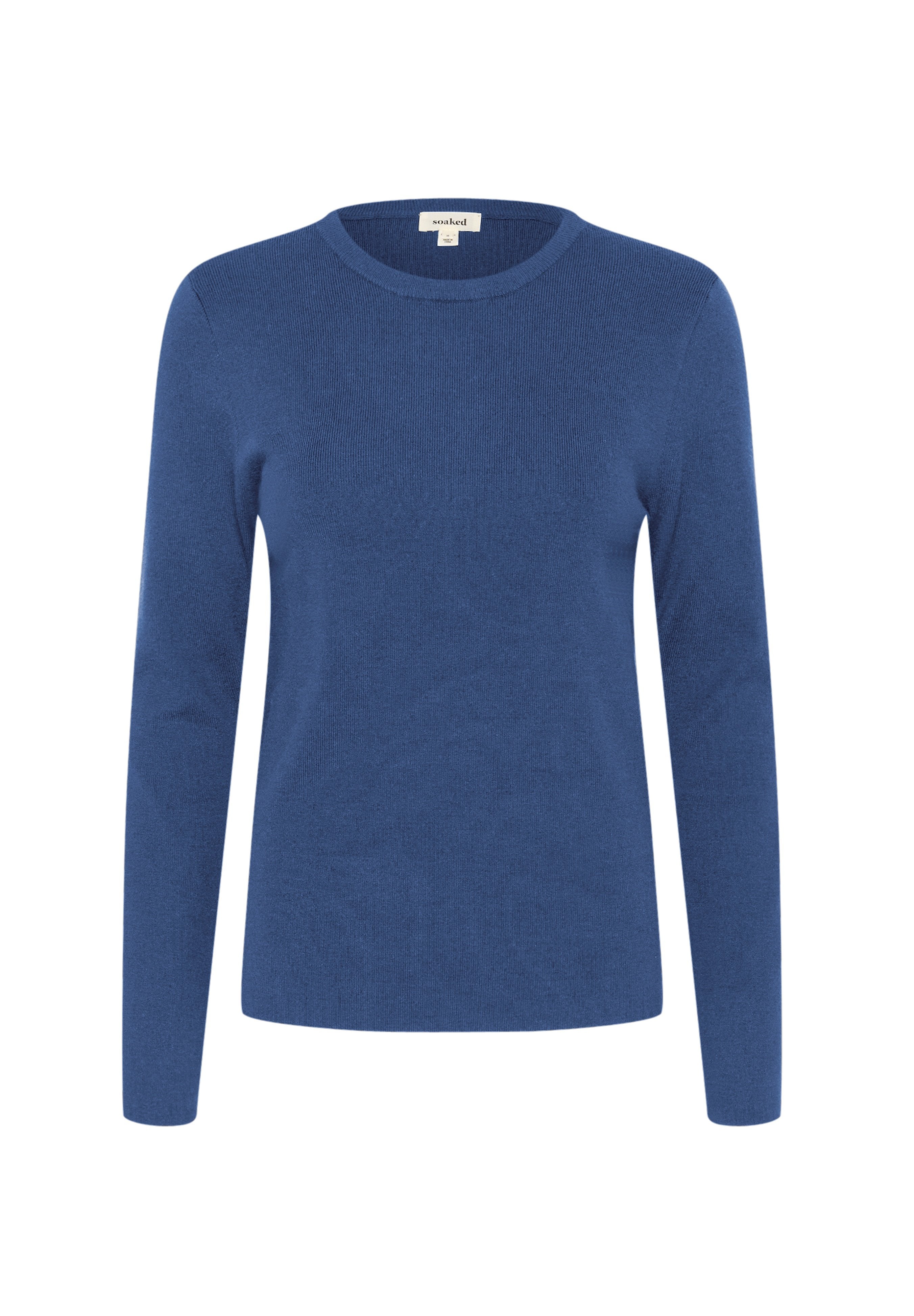 Blauer langärmliger Rundhalsausschnitt-Pullover aus weichem Strickstoff. Mit lockerer Passform und geripptem Muster am Kragen und an den Bündchen.