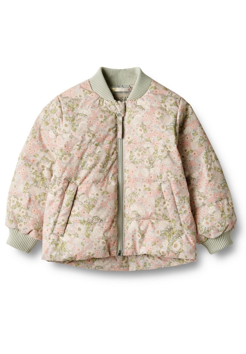Gestepptes Bomberjacke in zartem Rosé mit Blumenmuster. Verfügt über einen Frontreißverschluss, gerippte Bündchen und ein weiches, leichtes Design.