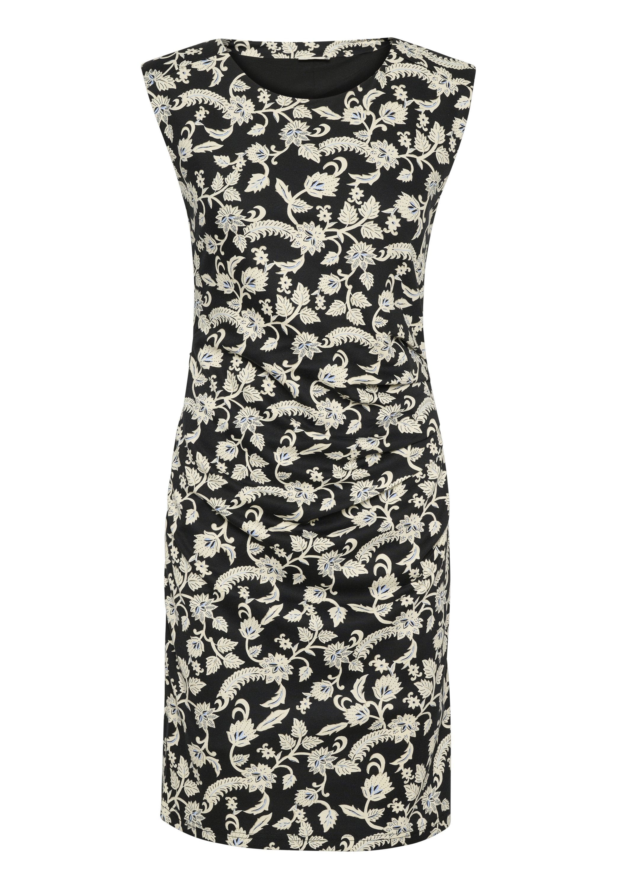 Schwarzes Kleid mit einem Blumendesign in Creme und Blau, ärmelloses Design und geraffte Details an der Seite.