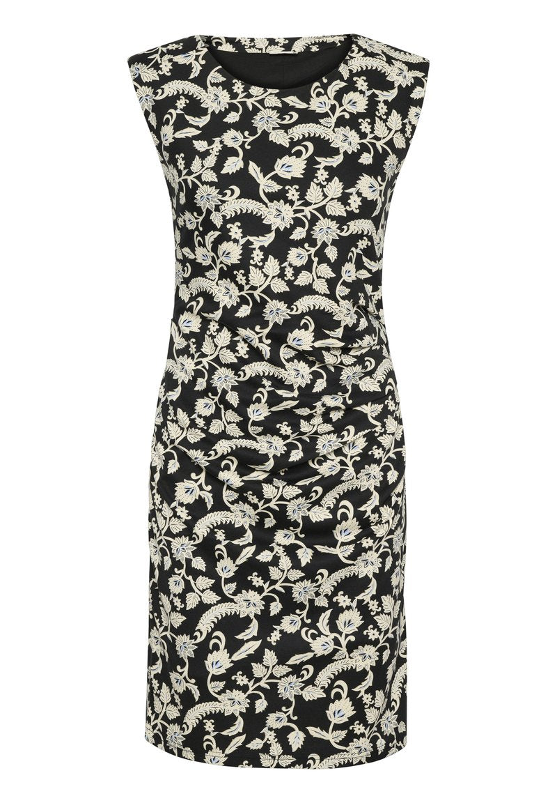 Schwarzes Kleid mit einem Blumendesign in Creme und Blau, ärmelloses Design und geraffte Details an der Seite.
