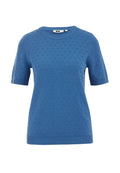 Hellblaues kurzärmliges Sweater mit strukturiertem Muster, Rundhalsausschnitt und gerippten Bündchen und Saum für zusätzliche Stabilität.