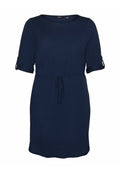 Marineblaues knielanges Kleid mit 3/4-Rollärmeln und einem dünnen verstellbaren Taillenzug auf der Vorderseite.