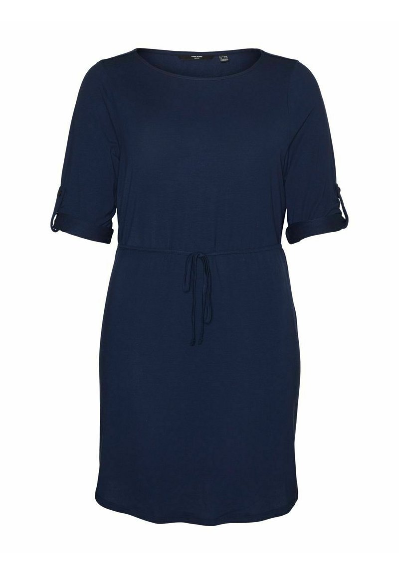 Marineblaues knielanges Kleid mit 3/4-Rollärmeln und einem dünnen verstellbaren Taillenzug auf der Vorderseite.