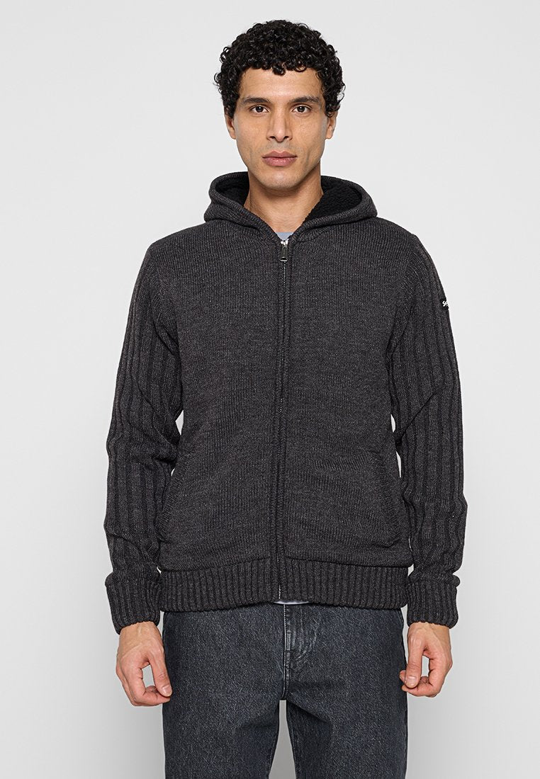 Dunkelgrauer Kapuzenpullover mit Reißverschluss, gerippter Struktur, Kängurutaschen und Kapuze. Verfügt über eine taillierte Passform und Bündchen an den Ärmeln.