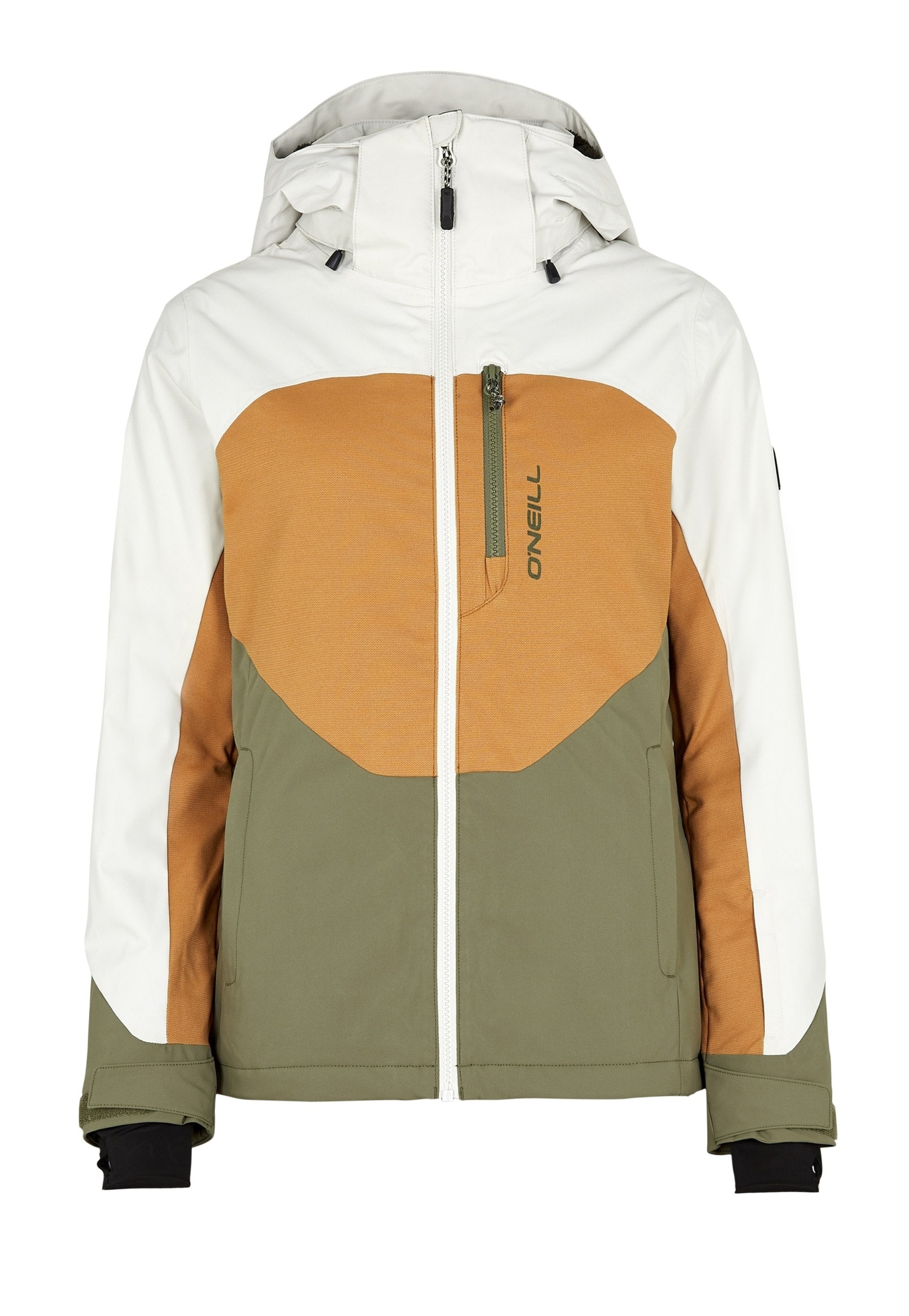Wasserfeste Jacke mit einem Farbblockdesign in Weiß, Braun und Olivgrün, ausgestattet mit einem Frontreißverschluss, Kapuze und einer Reißverschlusstasche auf der Brust.