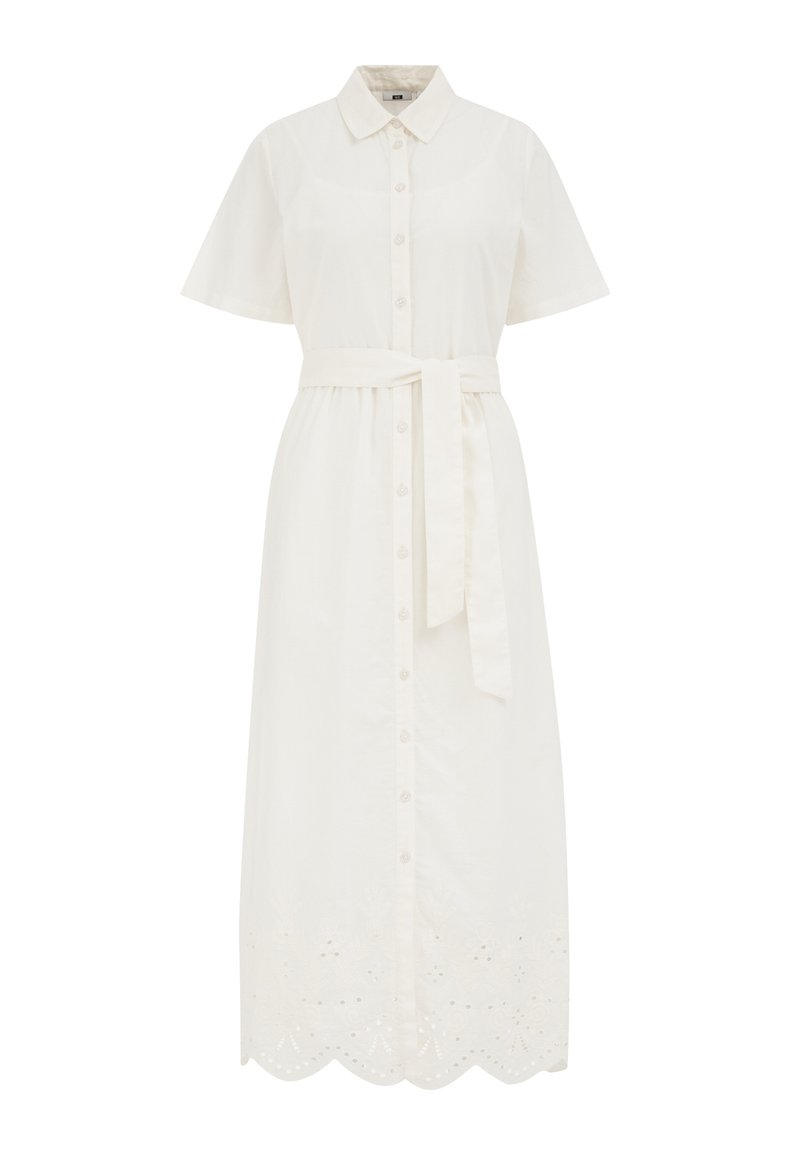 Weißes, knopfgebundenes Kleid mit kurzen Ärmeln, tailliertem Bund und besticktem Saum mit gewellten Kanten und Blumenmustern.