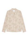 Beige Hemd zum Zuknöpfen mit einem floralen Muster und vertikalen Streifen. Aus leichtem Stoff gefertigt, mit Kragen und langen Ärmeln.