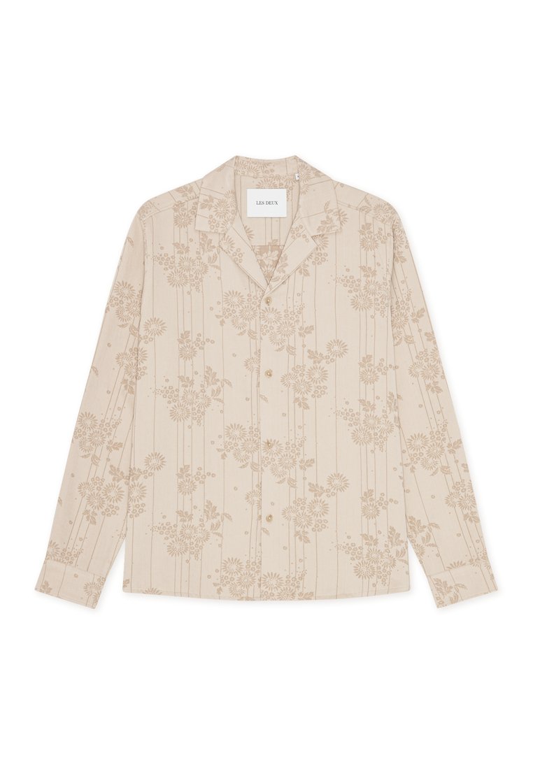 Beige Hemd zum Zuknöpfen mit einem floralen Muster und vertikalen Streifen. Aus leichtem Stoff gefertigt, mit Kragen und langen Ärmeln.