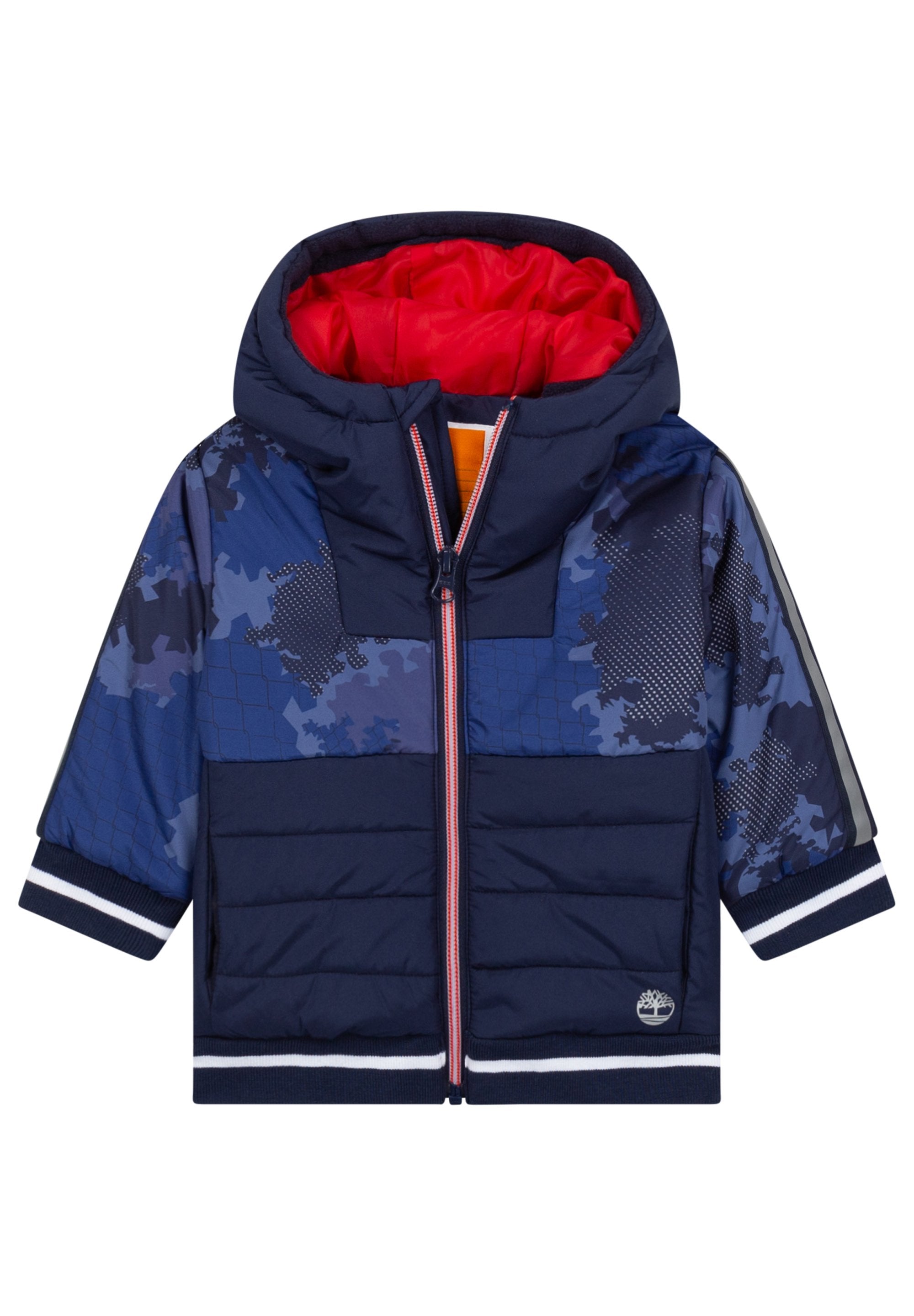 Marineblaue Puffjacke mit rotem Innenfutter, ausgestattet mit einem abstrakten blauen Muster, einem Reißverschluss vorne und gestreiften Bündchen. Eignet sich für kaltes Wetter.
