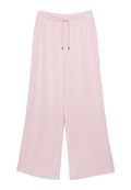 Helle rosa weite Hosen mit einem elastischen Bund und Kordelzug, ausgestattet mit zwei Seitentaschen und einem glatten, weichen Stoff.