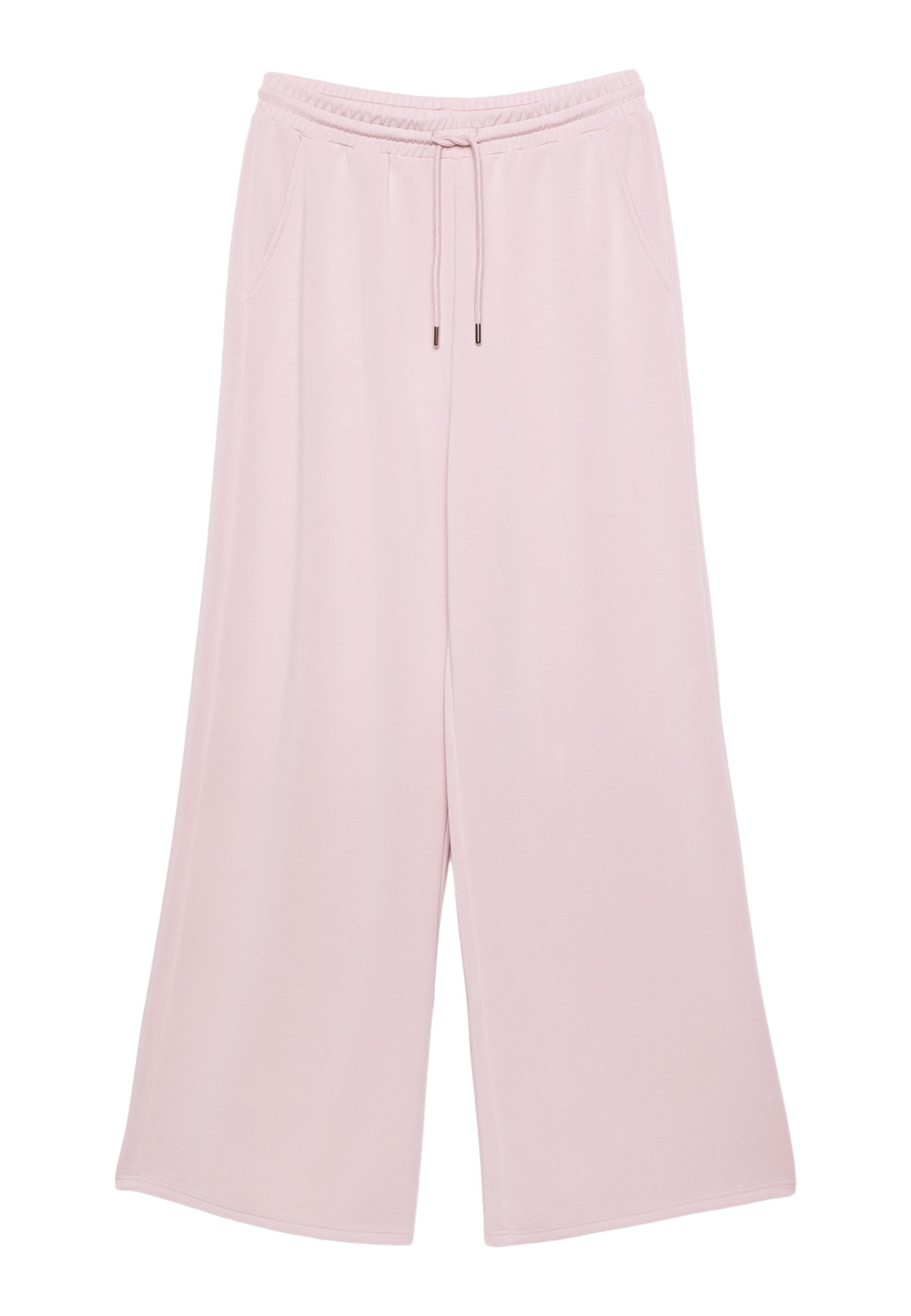 Helle rosa weite Hosen mit einem elastischen Bund und Kordelzug, ausgestattet mit zwei Seitentaschen und einem glatten, weichen Stoff.